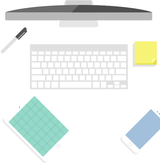 computer, keyboard, sticky notes, pen, smartphone, tablet